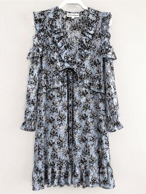 Robert Rodriguez Silk Floral Ruffle Cold Shoulder Midi Dress Blue Black Size 8